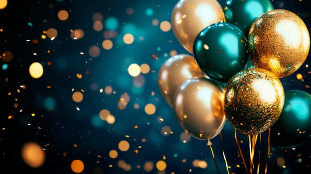 Luxurious golden and green helium balloons. Background for anniversary, birthday, sale and promotion. AI generated