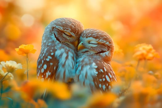Warm feelings between the two owls on the yellow flowers background. AI generated