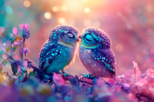 Warm feelings between the two owls on the purple flowers background. AI generated