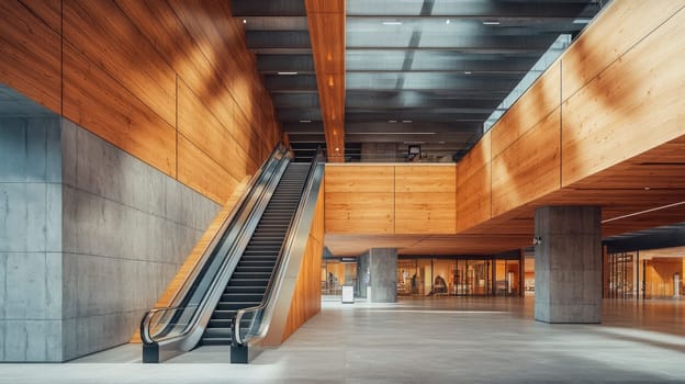 Modern shopping mall interior with empty escalator. AI generated