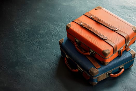 Two suitcases lying on dark stone surface. Vacations or travel concept. AI generated