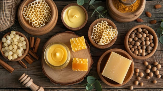 A set of natural skin care products made with beeswax, including lip balm and hand cream, aesthetically designed.