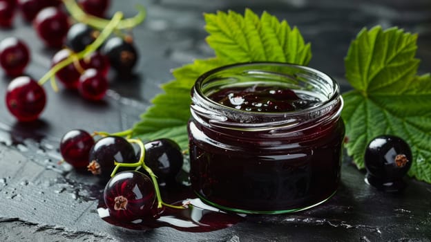 A jar of blackcurrant jam, next to which there are three blackcurrant berries and leaves, highlighting its rich fruity taste and dark color.