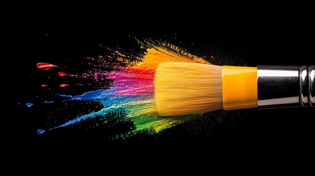 A paintbrush releasing a burst of rainbow-colored paint strokes against a black background, showcasing creativity and vibrancy.
