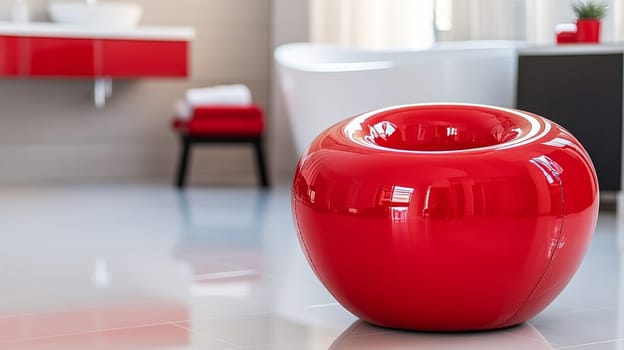 Stylish white bathroom with red elements and a round designer red chair.