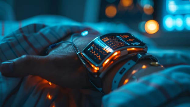 A close-up of a wearable futuristic medical device monitoring a patient's vital signs demonstrates the integration of technology into healthcare.