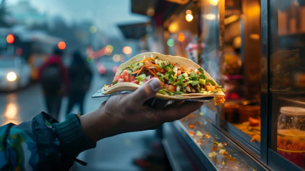 A food truck vendor hands a customer a freshly cooked taco against the backdrop of a busy street.