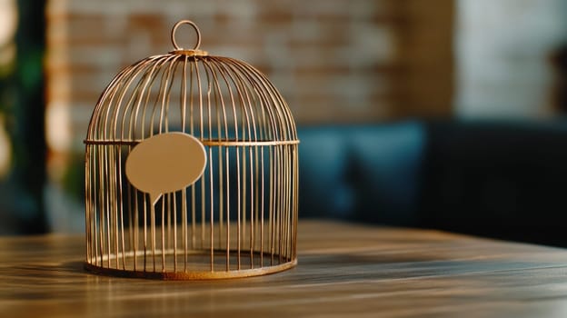 A symbolic image of a birdcage with a speech bubble on it, symbolizing limited freedom of expression.