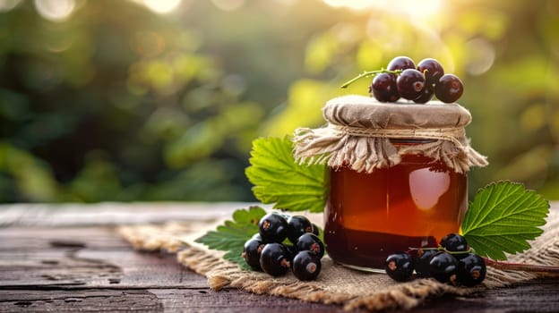 A jar of honey, next to which lie three blackcurrant berries and leaves, highlighting its rich fruity flavor and dark color. Copy Space