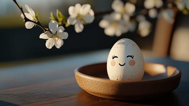 White egg with smiling face placed in wooden plate, surrounded by blooming branches in warm and sunny spring atmosphere.