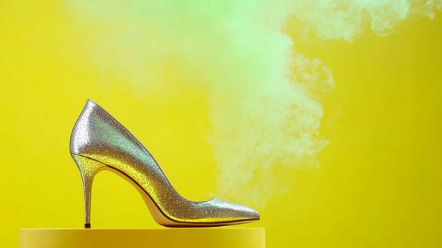 A glamorous gold high heel on a pedestal, surrounded by shimmering colorful mist against a bright yellow background, symbolizing elegance and luxury.