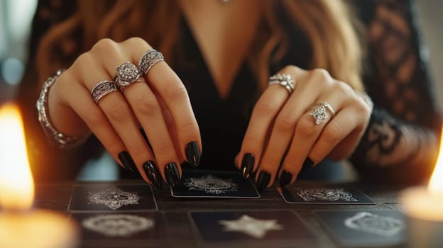 A pair of elegant hands adorned with rings and dark nails, positioned over tarot cards, surrounded by glowing candles in a mystical atmosphere.