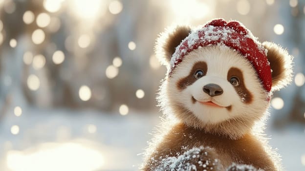 A smiling cartoon-style panda wearing a red beanie, surrounded by gently falling snow in a magical winter landscape.