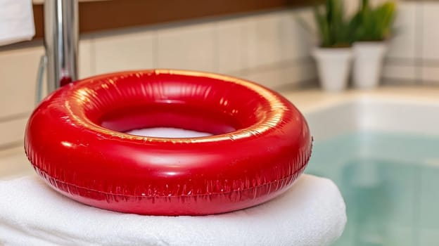 Clean, minimalist pool edge setting with white towel and red inflatable ring .