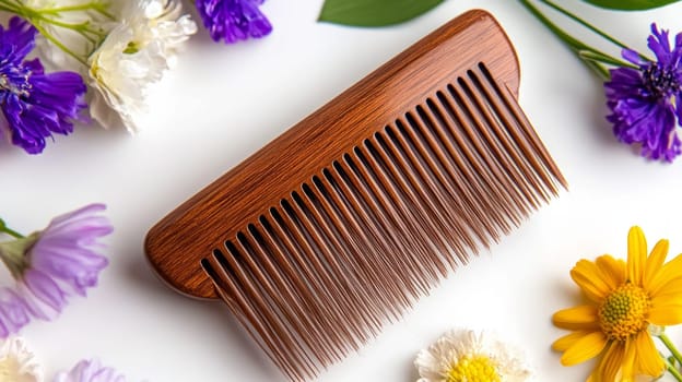 A beautifully crafted wooden comb surrounded by vibrant flowers in purple, yellow, and white hues, set against a white background.