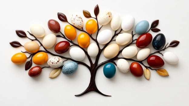 A tree-shaped arrangement of colorful eggs and chocolate branches, featuring vibrant shades of white, yellow, red, and blue on a white background.