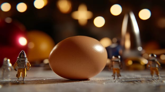 A brown egg surrounded by miniature astronauts and space-themed props, set in a whimsical scene with glowing bokeh lights in the background.