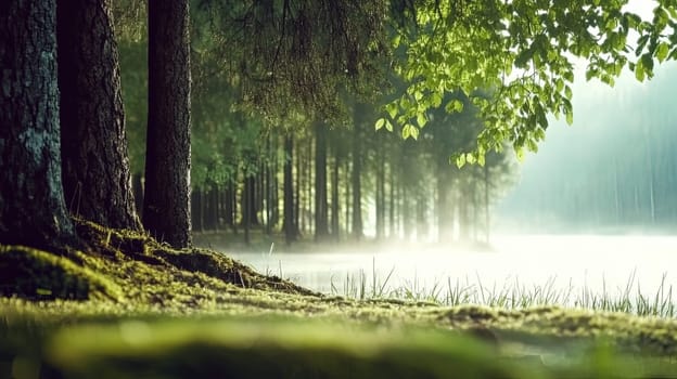 Peaceful forest scene with trees along the waters edge, shrouded in mist with soft morning light filtering through the leaves