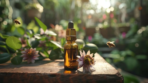 Essence in a bottle with a pipette, presented against the background of a green greenhouse.The concept of the naturalness of the product.