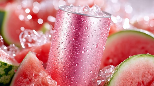 A pink jar covered in condensation, among ripe watermelons and small ice cubes. Summer, tropical mood. space for text