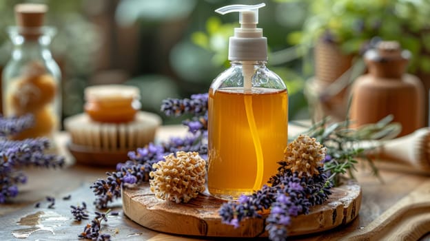 Bottle of beeswax lotion with pump, decorated with fresh lavender and other natural elements.