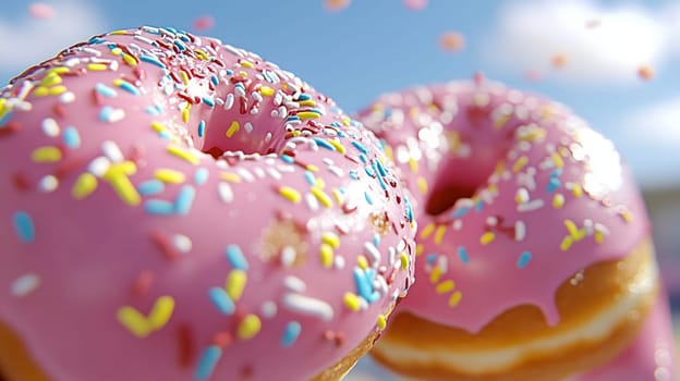 A couple of donuts topped with a shiny pink glaze with sugar sprinkles .