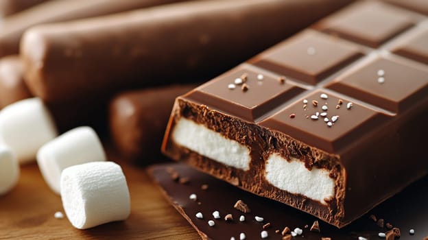 chocolate bar with scattered small marshmallows.the abundance of sugar and the harm of eating it