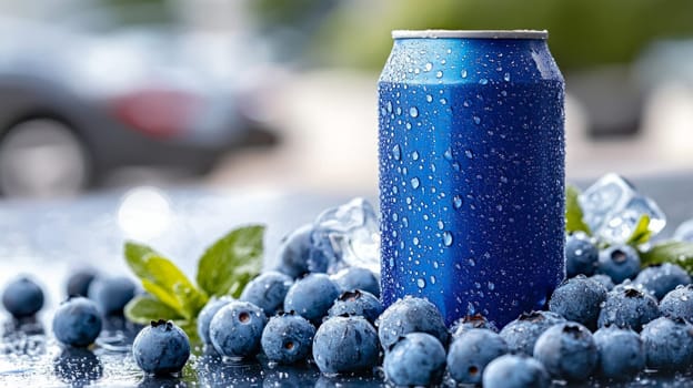 A blue metal can, shimmering with condensation, surrounded by blueberries and a few ice cubes. feeling cool and fresh.