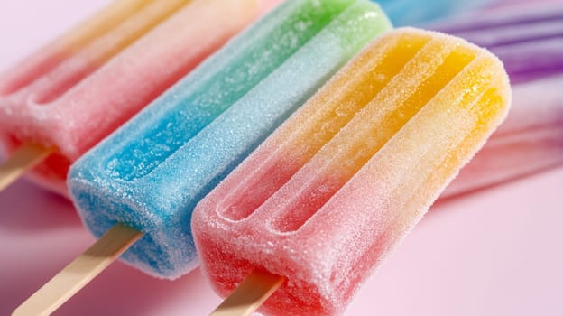 brightly colored ice cream on a background of chewing candies. Frozen treats with soft pastel colors with a light summer mood