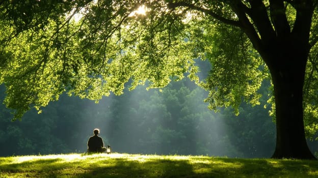 A lonely figure is sitting in the middle of the forest under a lush tall tree.meditation, reflection and space of comfort. The concept of mental health