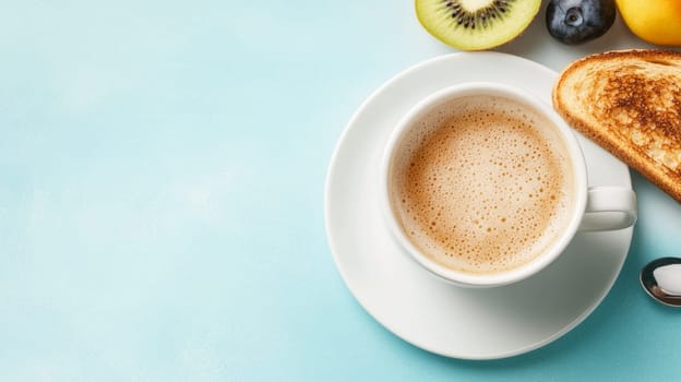 A cup of coffee drink stands next to toast and fruit on a light blue background.copy space