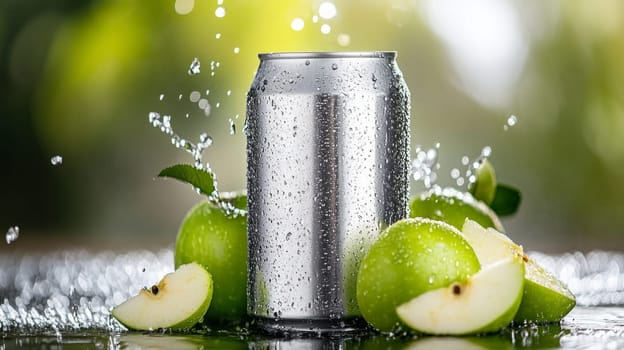 The silver metal jar is surrounded by slices of crispy green apples and splashes of water.