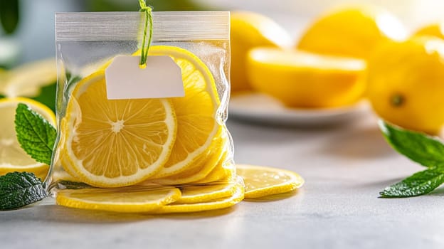 Thinly sliced fresh lemons placed in a transparent resealable bag with a blank label, surrounded by whole lemons and fresh mint leaves on a bright surface.