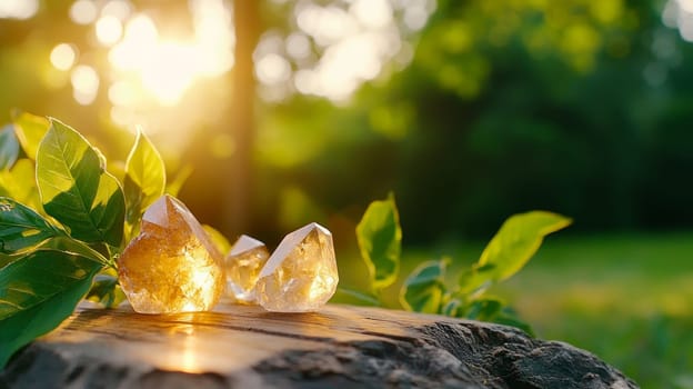 Shimmering citrine crystals placed on a weathered tree stump surrounded by fresh green leaves, illuminated by soft golden sunlight in a serene outdoor setting.