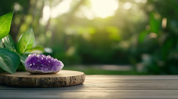 A vibrant purple amethyst crystal displayed on a round wooden platform, surrounded by green leaves in a lush garden setting with soft sunlight.