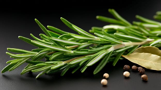 A close-up of fresh rosemary sprigs, bay leaves, and scattered peppercorns displayed elegantly on a dark background.