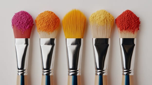 A neat arrangement of makeup brushes, each dipped in vibrant pigments of pink, orange, yellow, and red, against a clean white background.