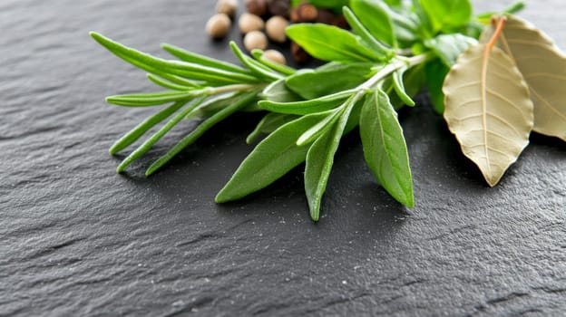 Close-up of rosemary, bay leaves, and peppercorns arranged on a dark slate surface, showcasing their fresh and natural appeal.