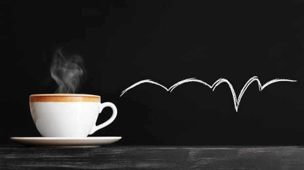 White cup of steaming coffee on a black background, complemented by a whimsical chalk drawing of a symbolic heartbeat line, combining creativity with simplicity. coffee for energy concept