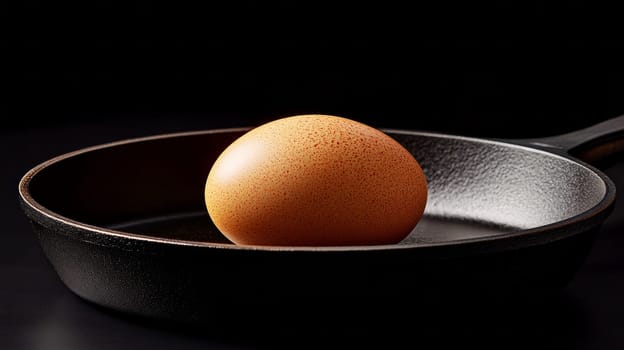 A solitary brown egg resting in a black cast iron skillet, set against a dramatic dark background, emphasizing simplicity and texture.