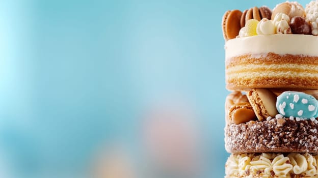 A tall, multi-layered cake adorned with cookies, nuts, and frosting, captured against a soft blue background with ample copy space.