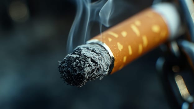 Close-up of a lit cigarette with smoldering ash and smoke rising up, against a dark, moody background.