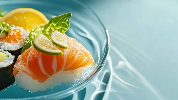 Plated salmon nigiri topped with lime slices and mint, served with sushi rolls and lemon garnish on a glass plate with a watery reflection.