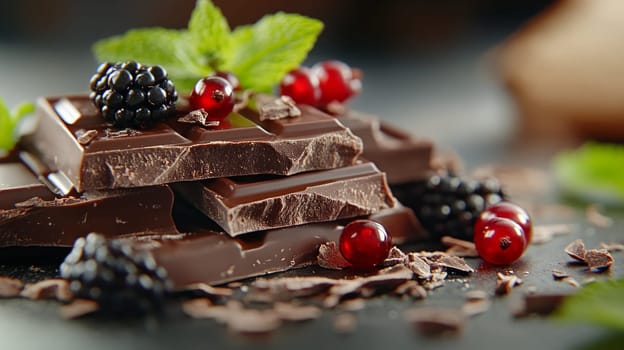 Stacked dark chocolate pieces garnished with fresh blackberries, red currants, and mint leaves, set on a rustic surface with chocolate shavings.