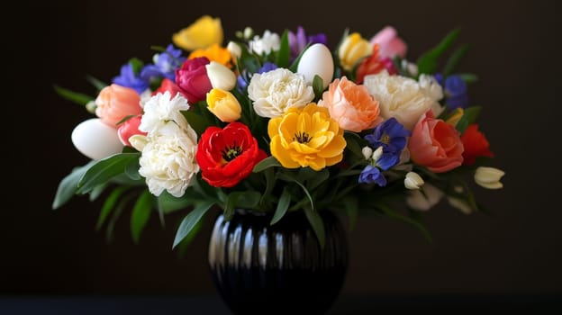A rich arrangement of colorful flowers and hidden white Easter eggs in a black vase on a dark background. Festive and elegant.