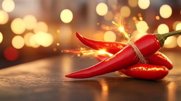 A bunch of red chili peppers tied with twine, glowing with fiery sparks and a warm fire bokeh in the background, symbolizing heat and spice.
