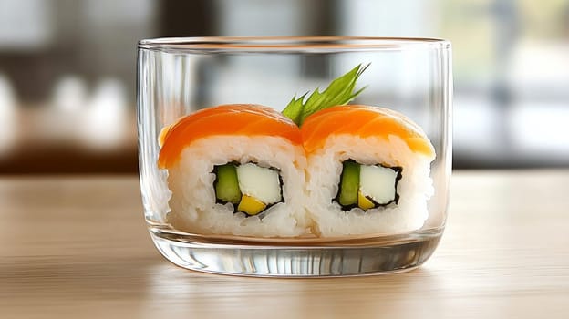 Two salmon sushi rolls with avocado and seaweed creatively presented in a clear glass bowl on a wooden surface with a soft blurry background.