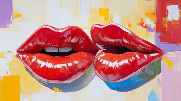 Two glossy red lips painted in bold detail, set against a colorful abstract background, blending pop art and modern aesthetics.