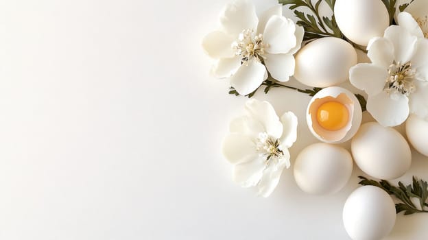 A delicate arrangement of white eggs, blossoms, and greenery, with one cracked egg revealing its yolk, placed on a soft white background. Copy space