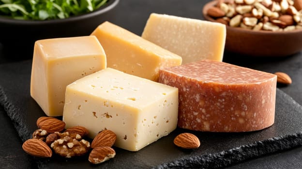 slices of different varieties of hard, soft and brown cheese, spread out on a stone board. a few walnuts and almonds